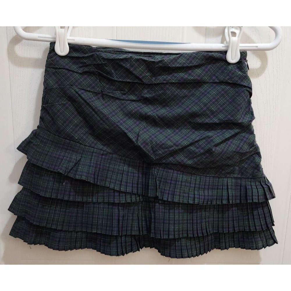 Ralph Lauren Girls Ruched Tiered Pleated Skirt Side Zip Green Plaid 10 *Sample*